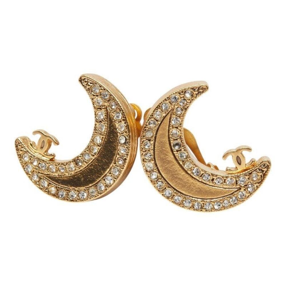 Chanel CC Logo Moon Motif Gold Plated Rhinestone Earrings